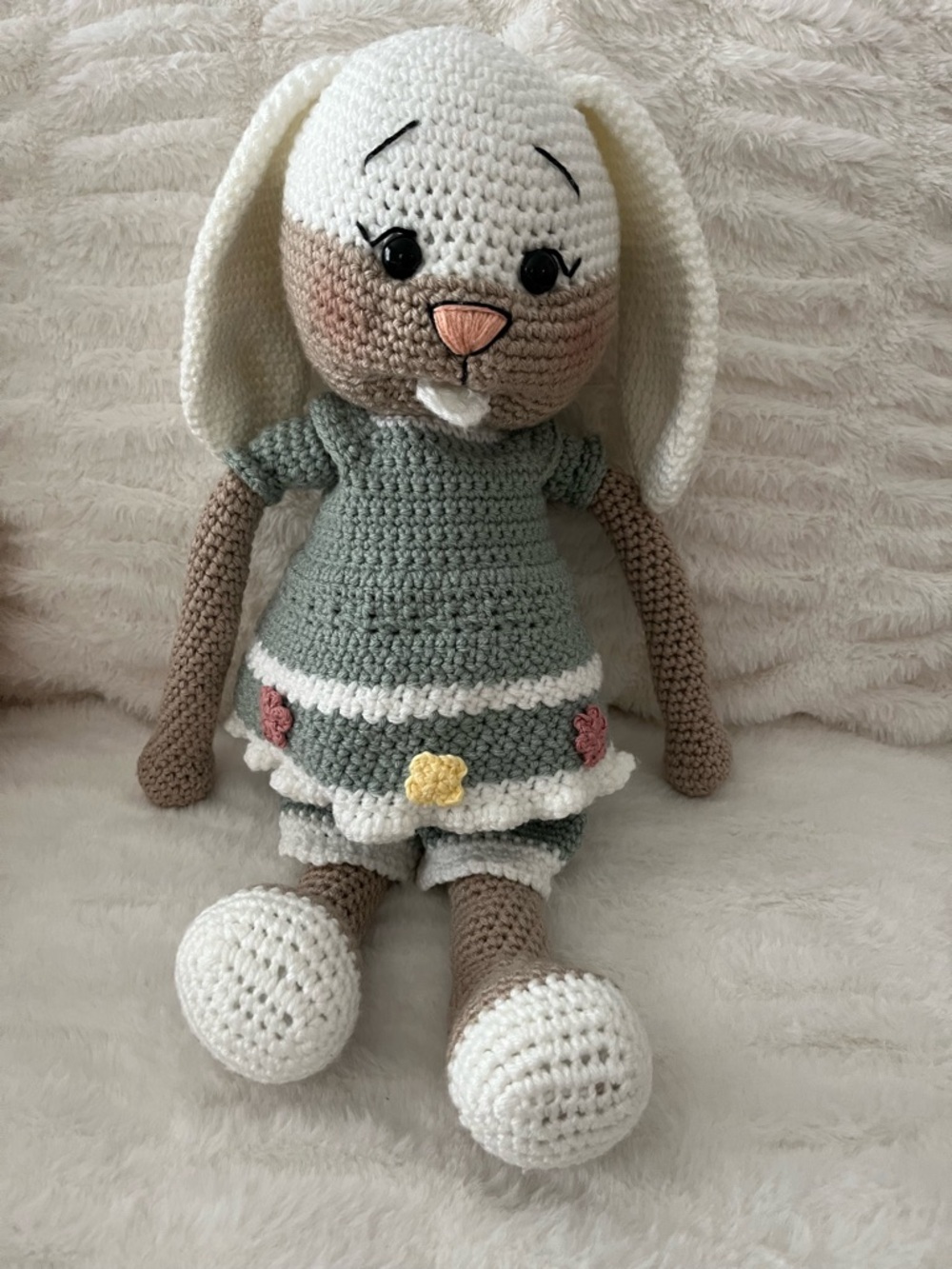 Handmade Crochet Bunny Doll in Sage Green Dress